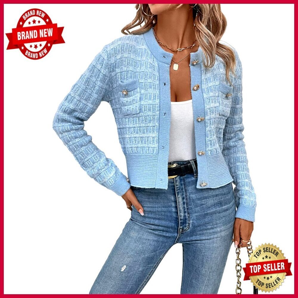 Lightweight Cropped Cardigan with Pearl Buttons, Open Front, Pockets